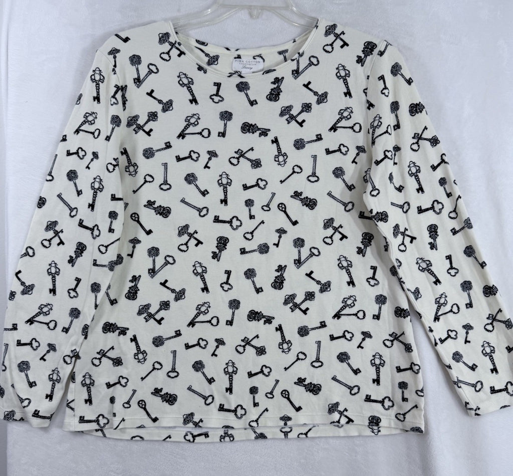 Charter Club Luxury XL Pima Cotton Top Black White Key Print Womens Knit Tops