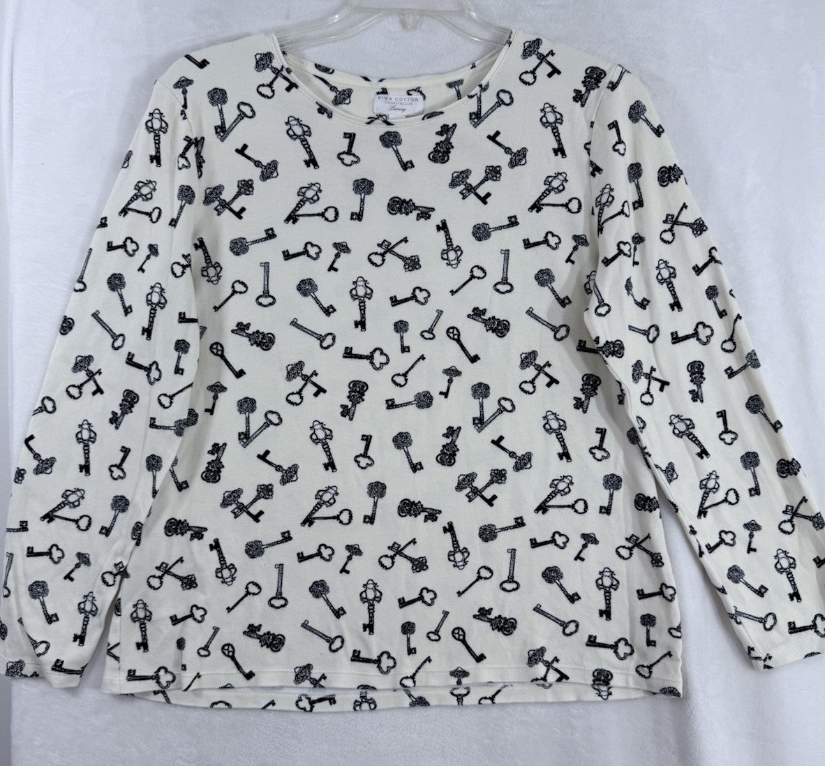 Charter Club Luxury XL Pima Cotton Top Black White Key Print Womens Knit Tops