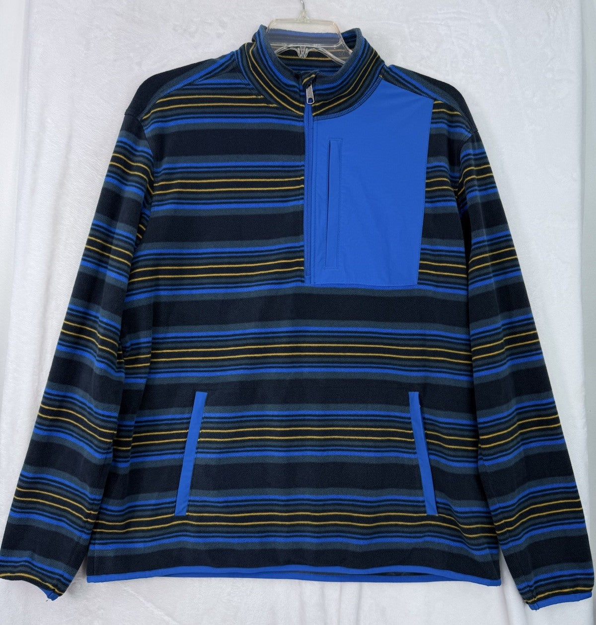 Duluth Trading Large Men’s Fleece 1/4 Zip Pullover Blue Striped Mock Neck