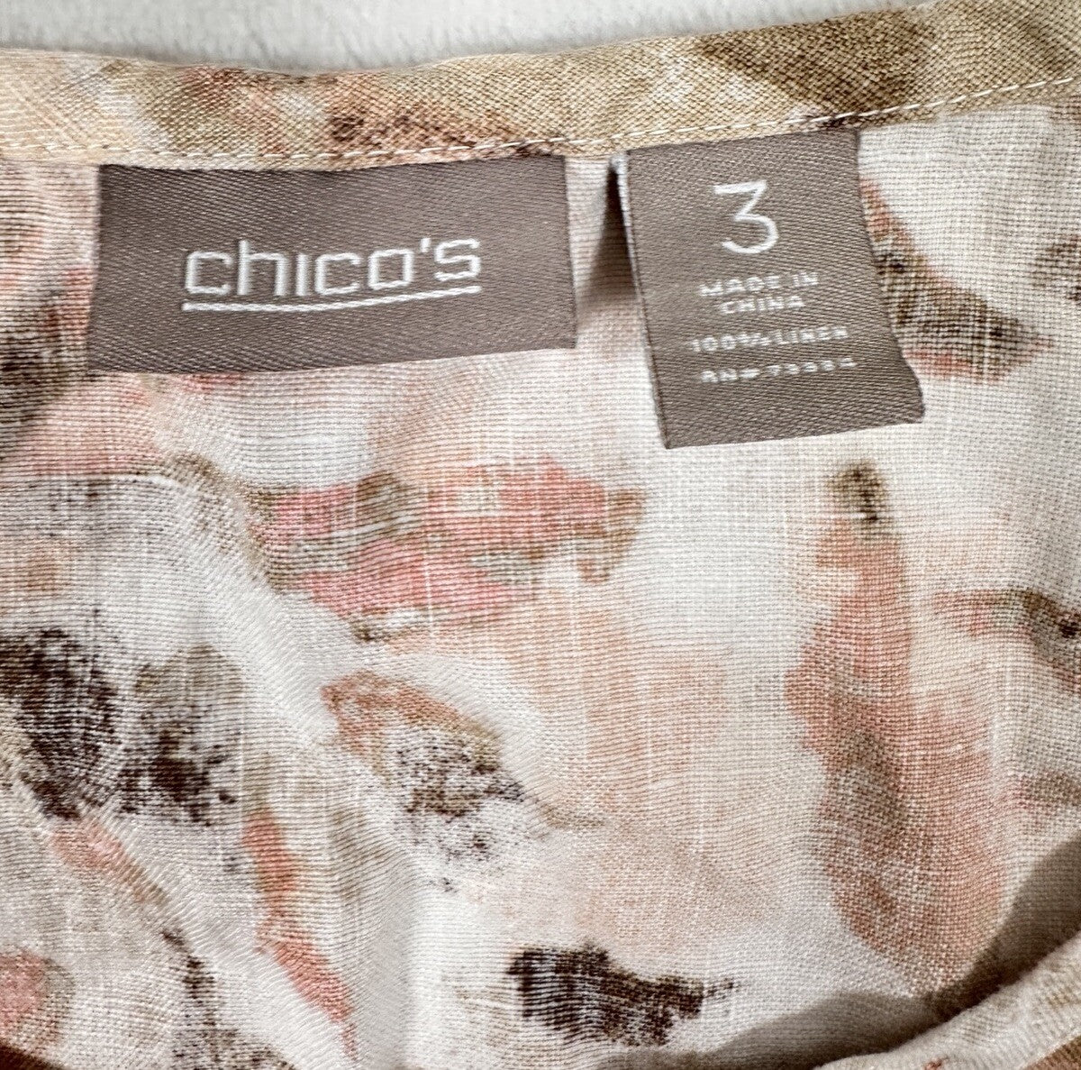 Chicos Size 3 XL Top 100% Linen Sleeveless Pink Tan Abstract Print Womens Blouse