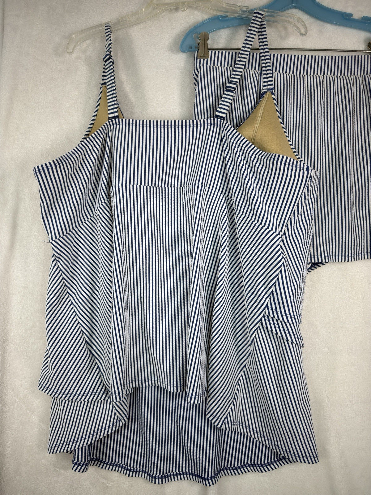Cacique Swim 28 Tankini Seersucker Blue Striped Top Bottom Swimwear Set Women
