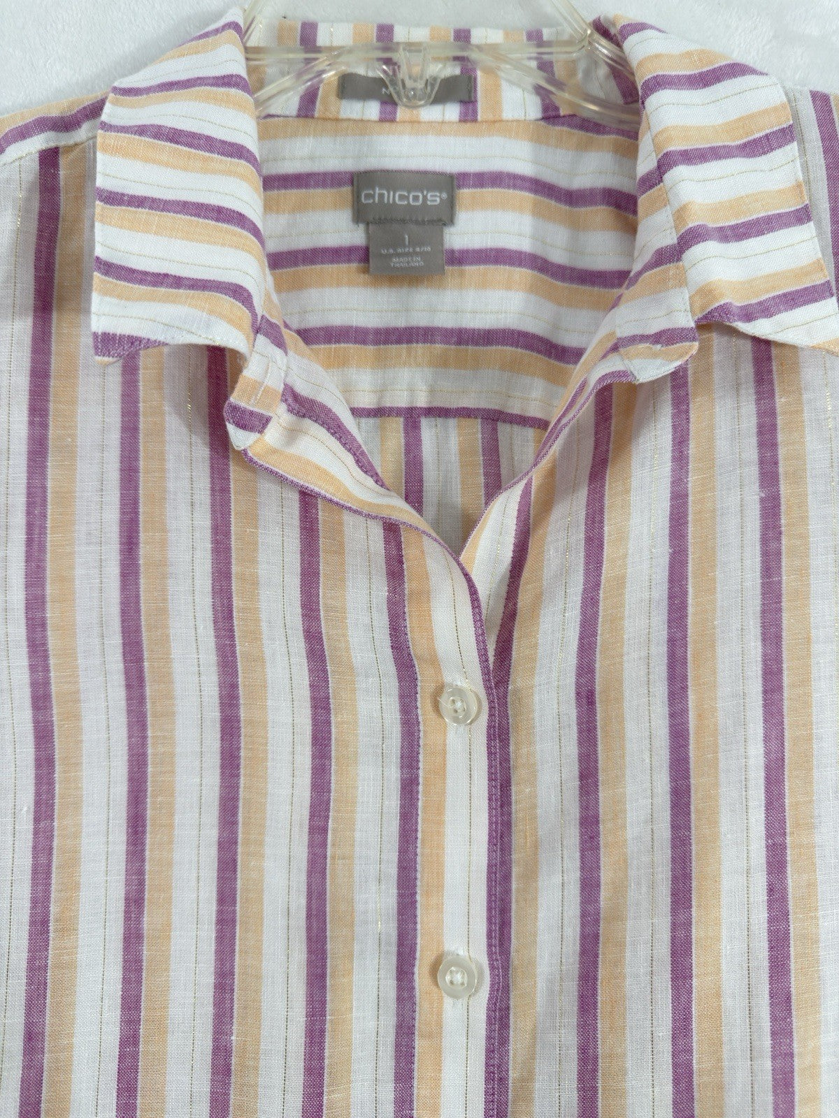 Chicos Size 1 Medium Linen Button Up Pink Striped Metallic Roll Tab Sleeve Women