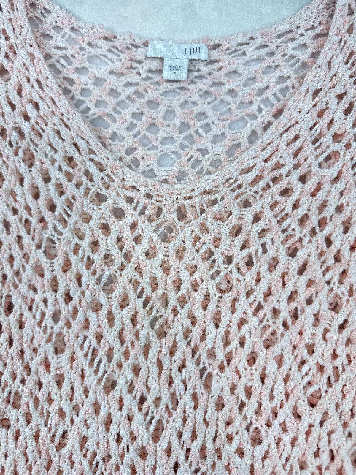 J Jill Small Pink Open Knit Sweater Crochet 100% Cotton 3/4 Sleeve Womens
