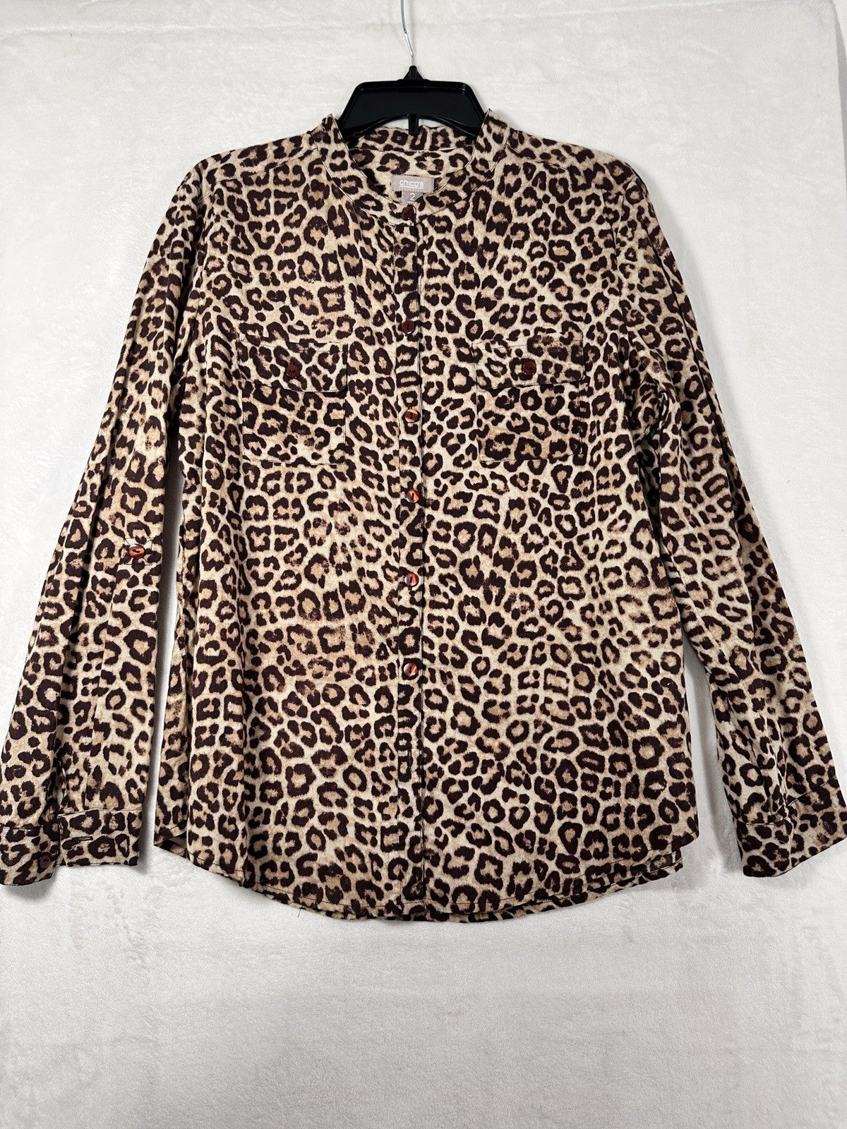 Chicos Size 2 Tops Leopard Print Large Roll Tab Long Sleeve Mandarin Collar