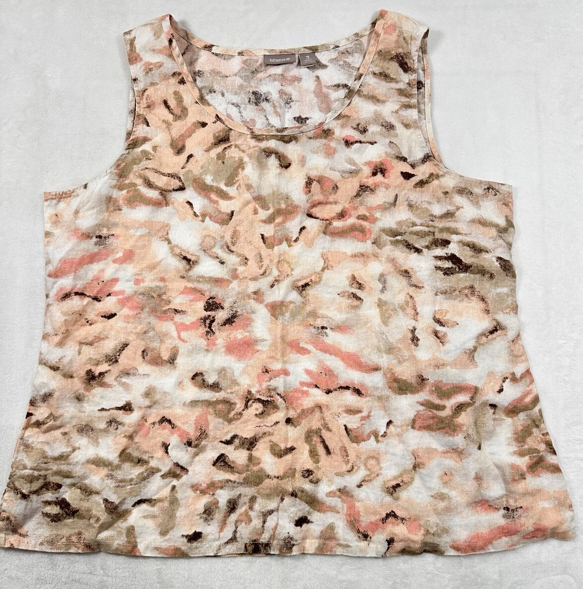 Chicos Size 3 XL Top 100% Linen Sleeveless Pink Tan Abstract Print Womens Blouse