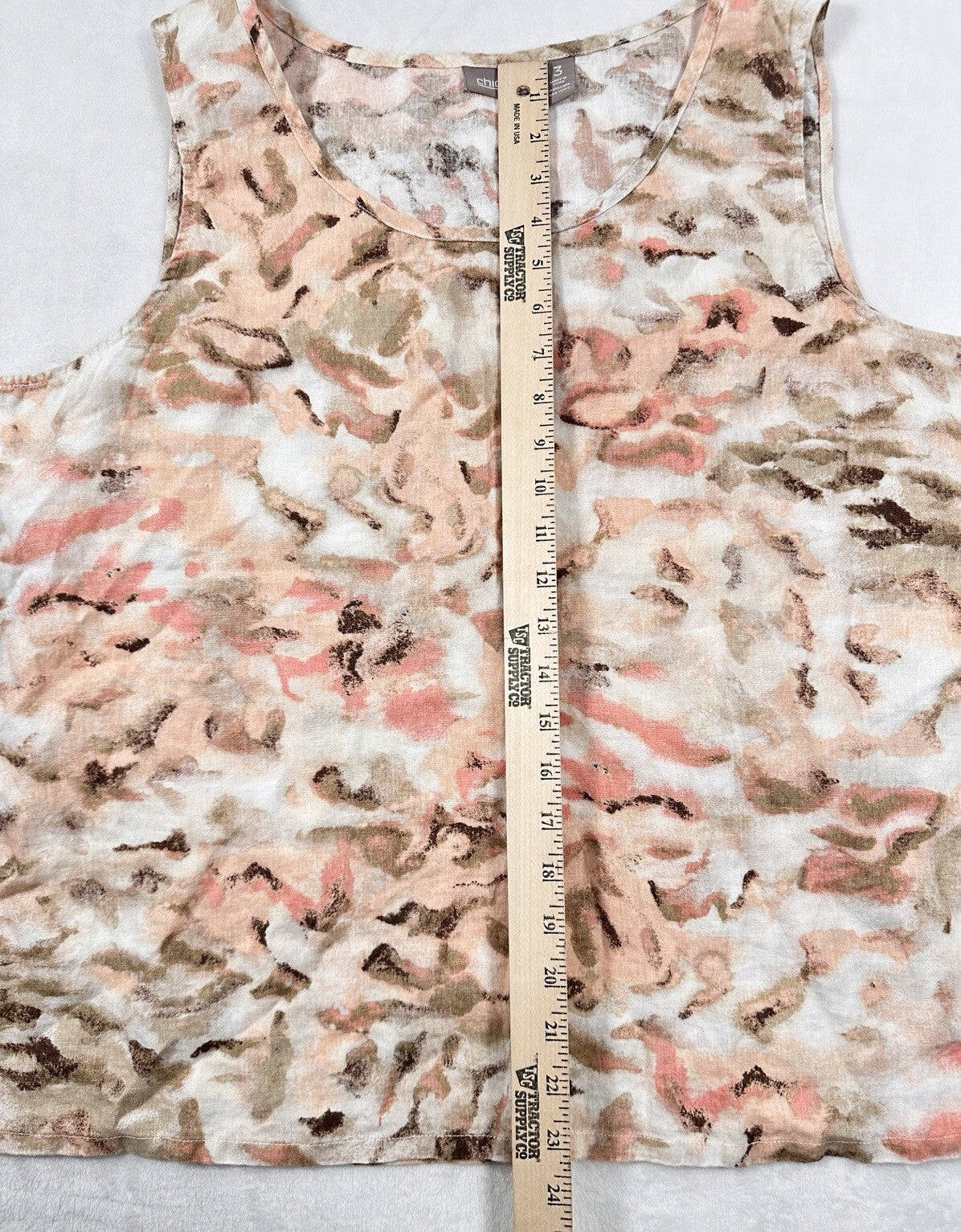 Chicos Size 3 XL Top 100% Linen Sleeveless Pink Tan Abstract Print Womens Blouse