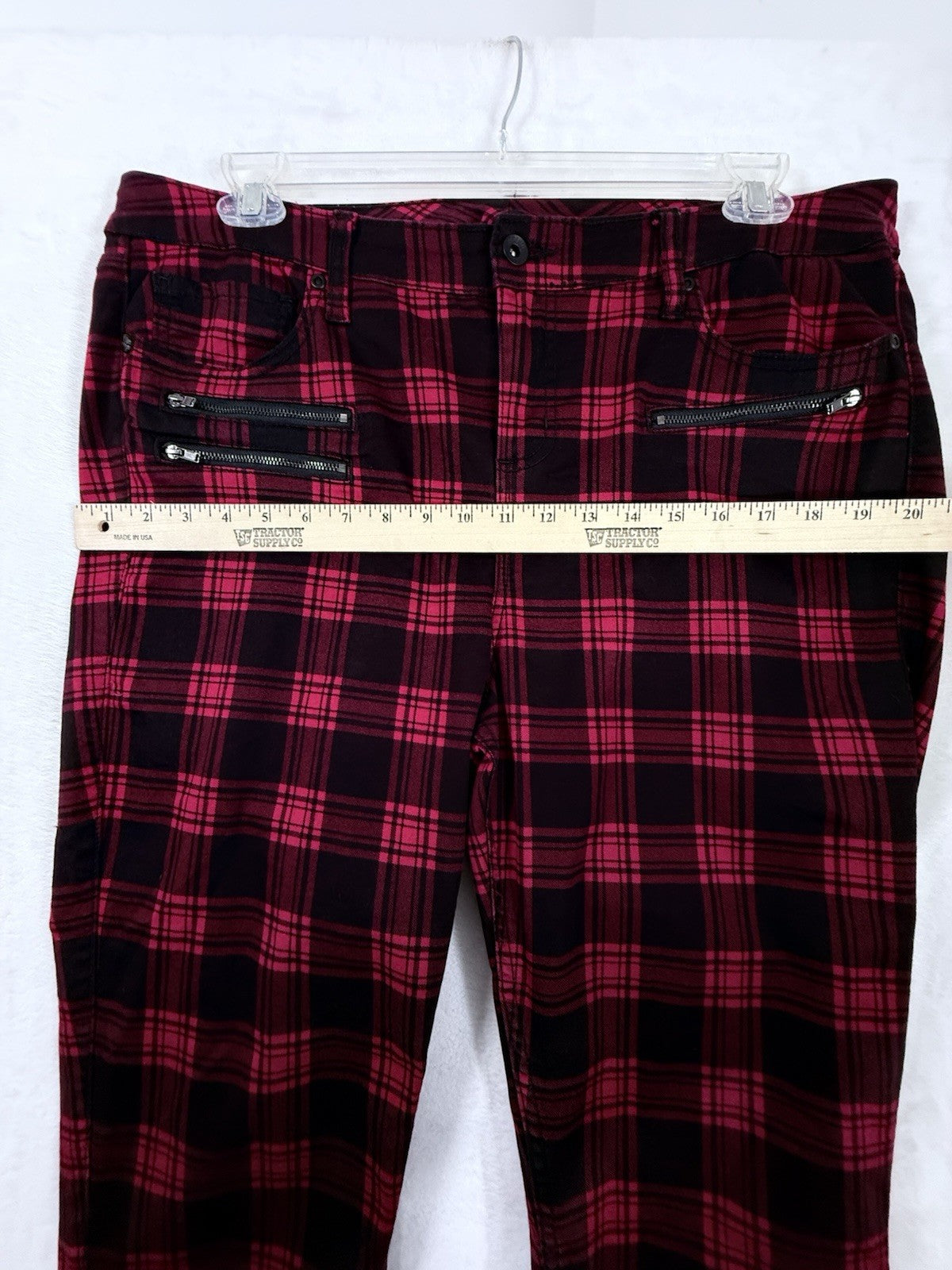 Hot Topic Black And Red Plaid Jeans HT Denim Pants Zippers Hi Rise Super Skinny