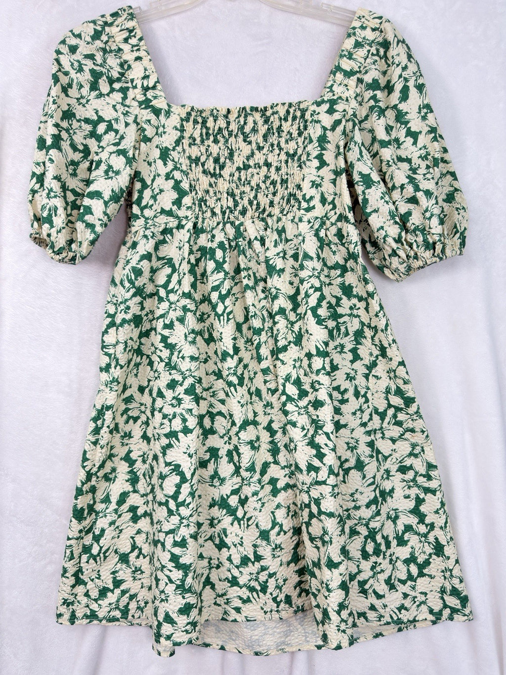 FRNCH Dress Small Met Green Floral Short Smocked Boho Cotton Womens