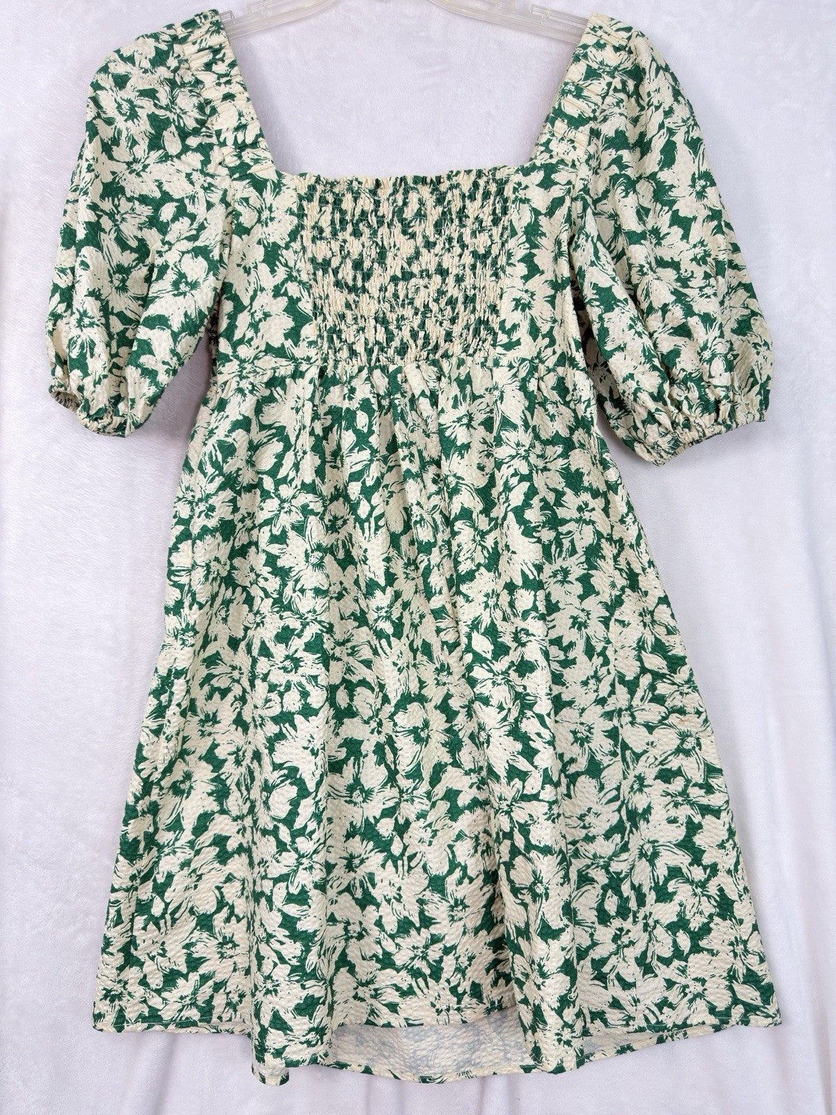 FRNCH Dress Small Met Green Floral Short Smocked Boho Cotton Womens