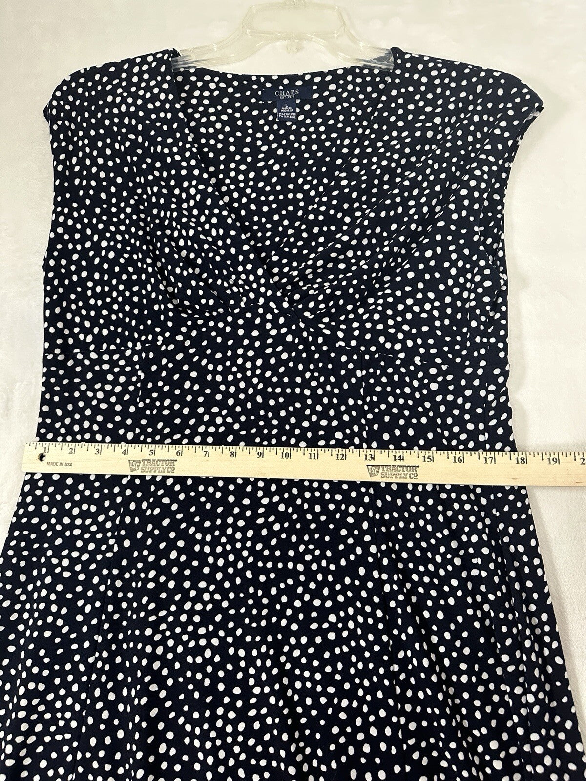 Chaps Ralph Lauren Large Dress Faux Wrap Navy Blue Polka Dot Sleeveless Womens