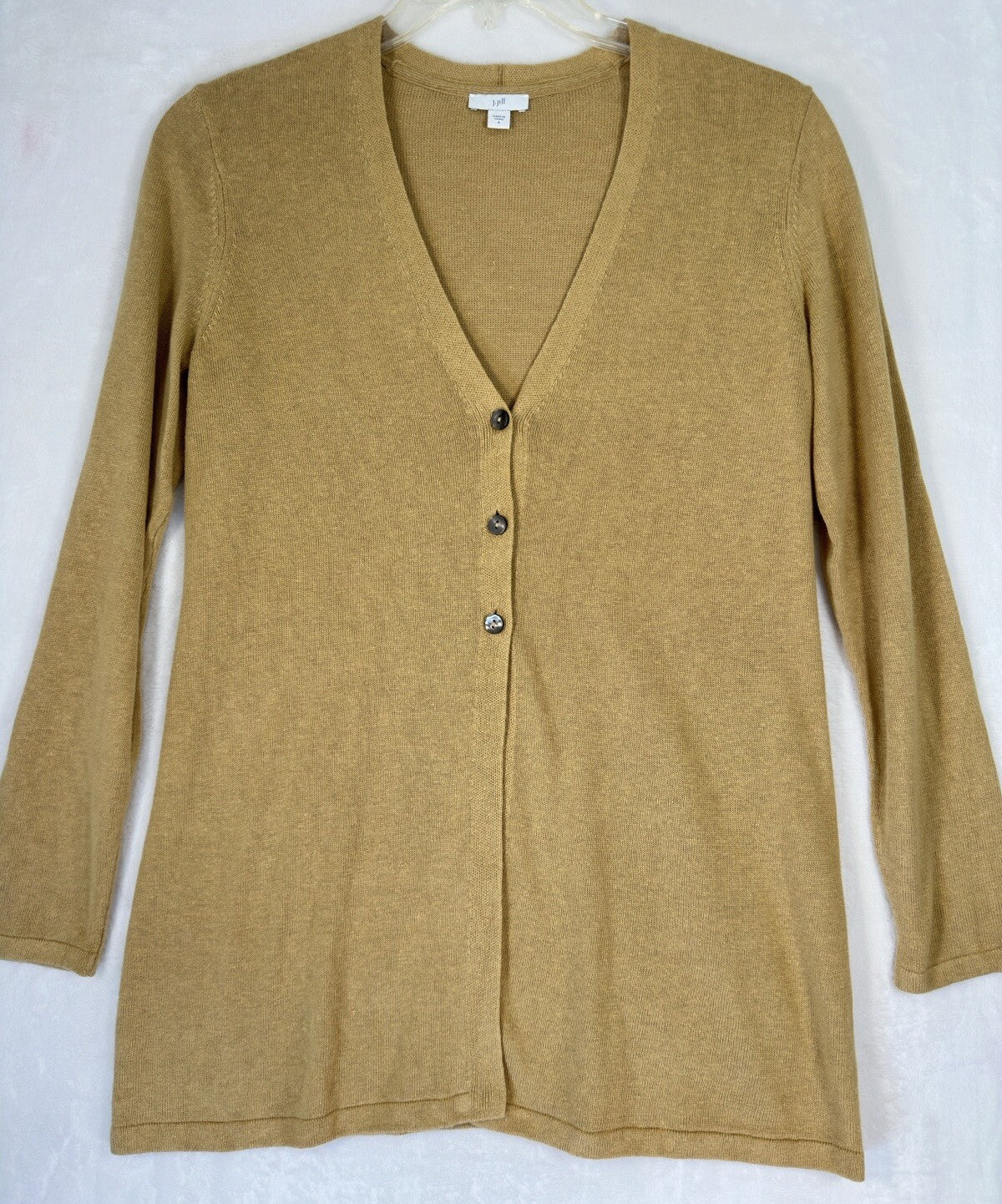 J Jill Cardigan Sweater Small Linen Blend Gold Beige Womens 3 Button Long Sleeve