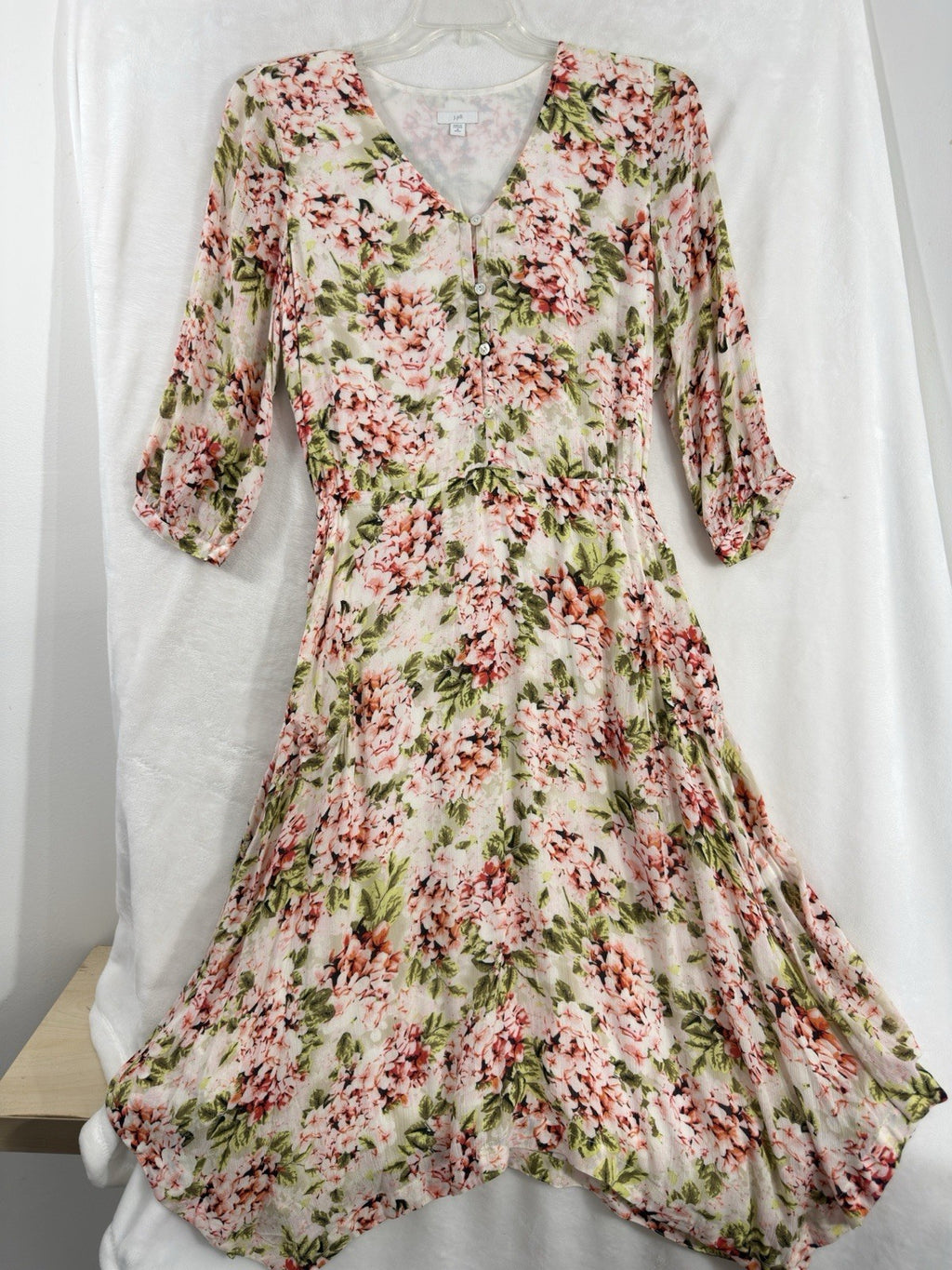 J Jill Midi Dress Medium Petite Pebble Hydrangea Boho Floral Pink Lightweight