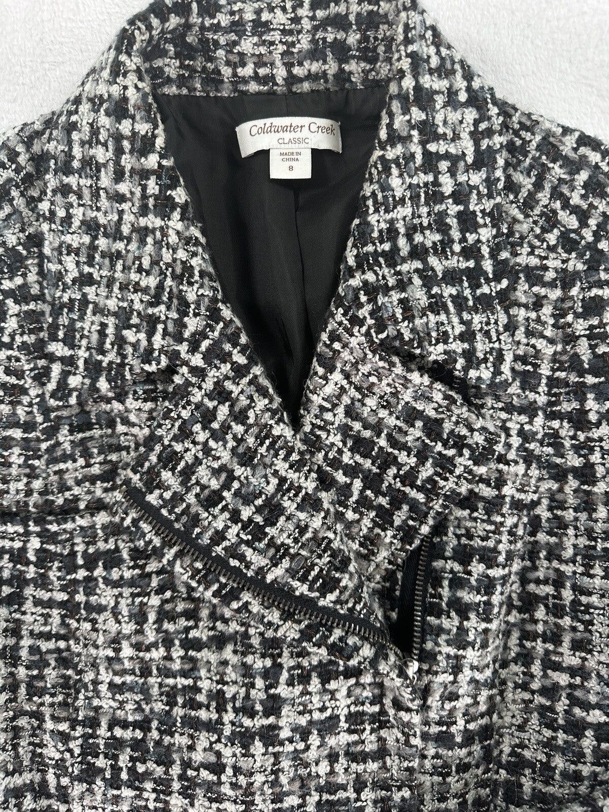 Coldwater Creek Mohair Wool Blend Moto Jacket 8 Black Gray Tweed Blazer Womens