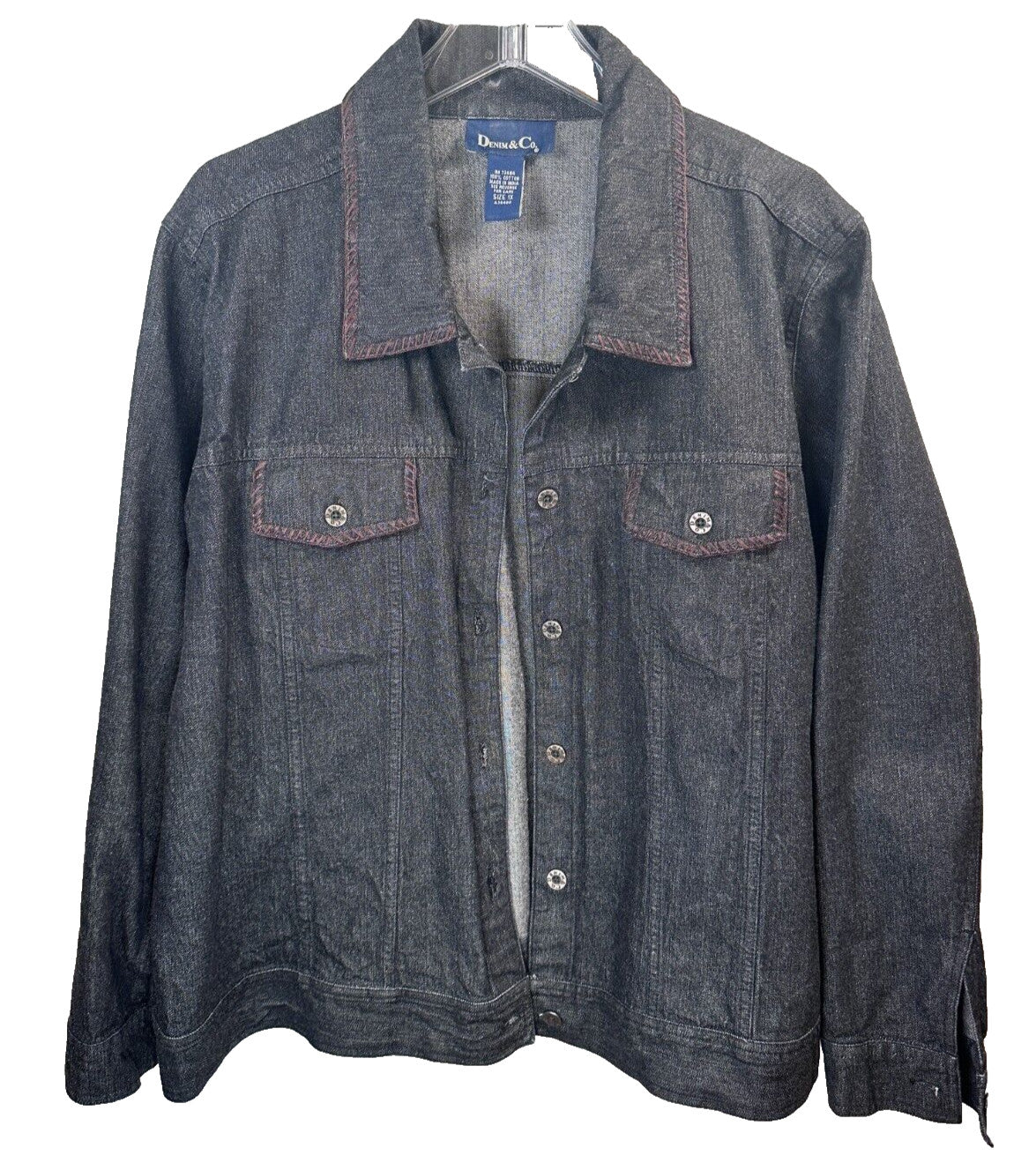 Denim & Co. Women's 1x Dark Jean Jacket Embroidered Trim Collar Plus Size EXC