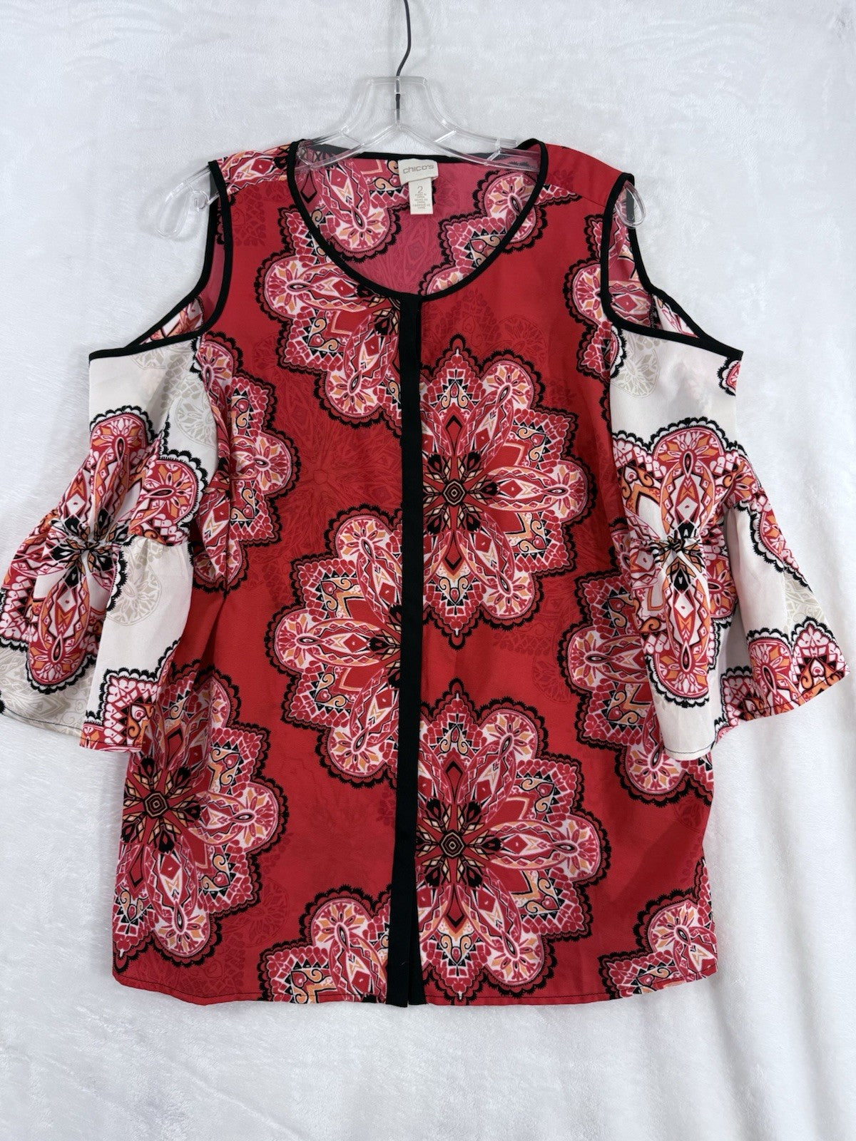 Chicos Size 2 Large Top Cold Shoulder Red Floral Print Blouse Womens