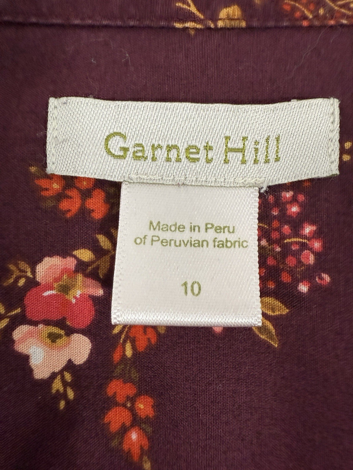 Garnet Hill Tops 10 Button Up Shirt Pom Cotton Burgundy Floral Long Sleeve Women
