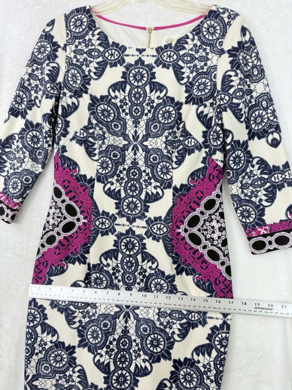 Eliza J Dress 6 Floral Sheath Blue Pink Stretch 3/4 Sleeve Pencil Stretch