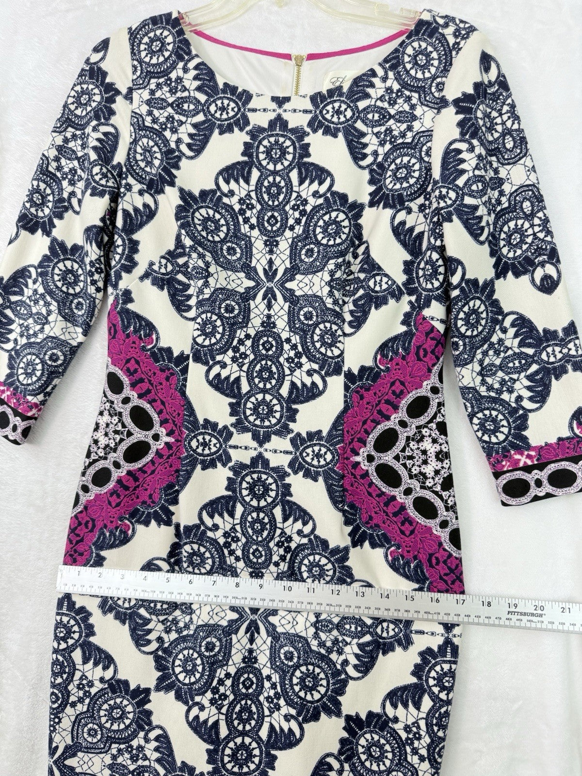 Eliza J Dress 6 Floral Sheath Blue Pink Stretch 3/4 Sleeve Pencil Stretch