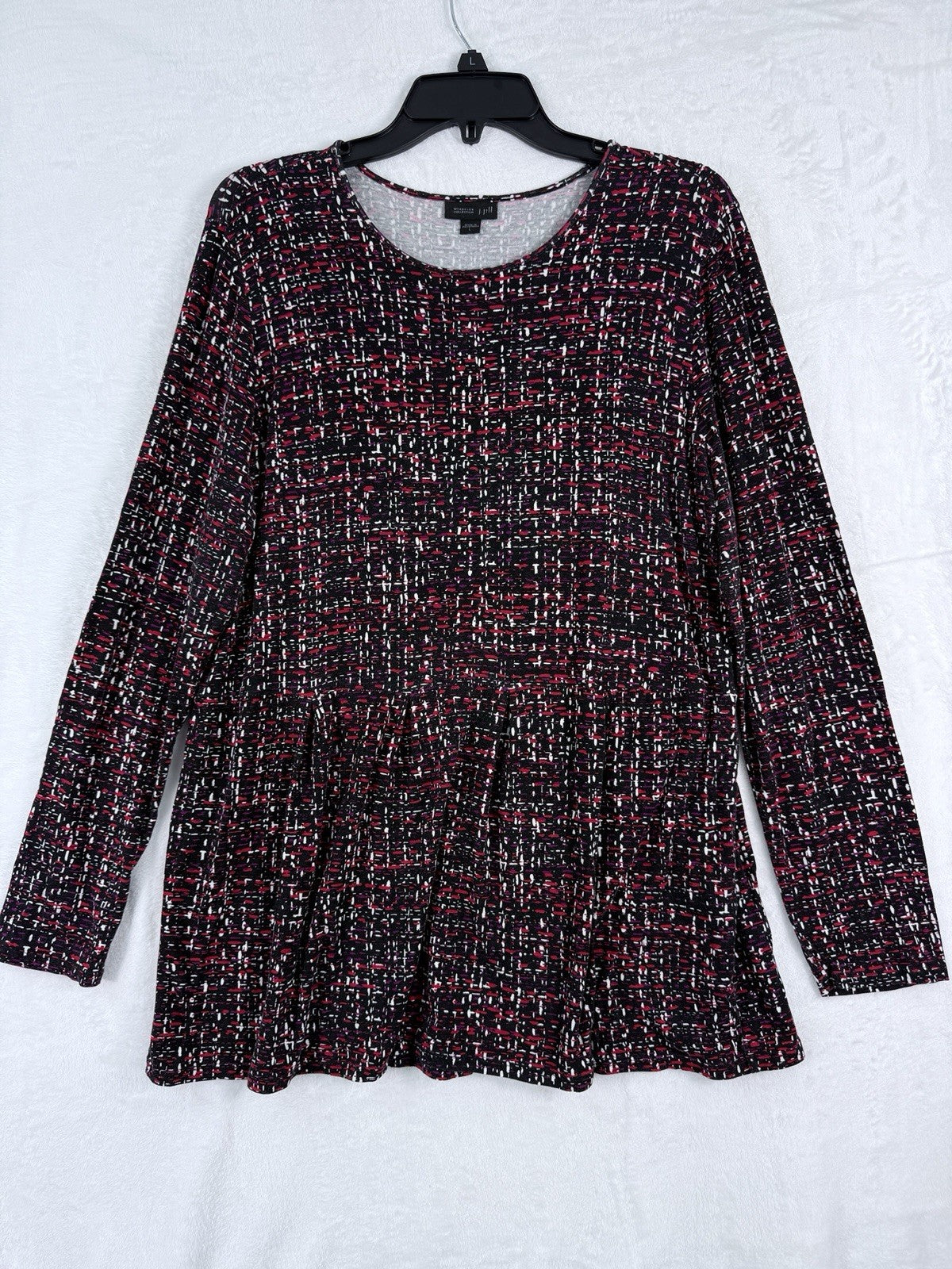 J Jill Wearever Collection Large Knit Top Red Black Print Womens Long Sleeve