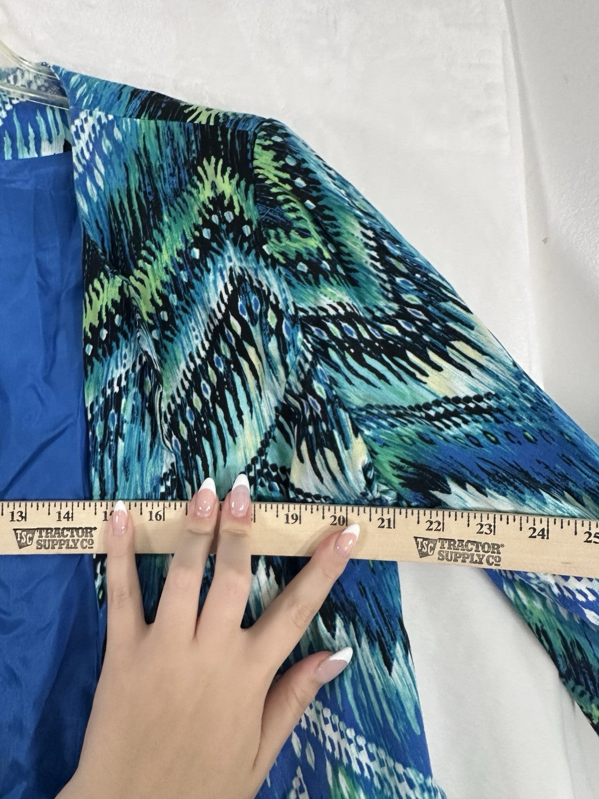 Chicos Size 1 Jacket Medium Blue Green 3/4 Sleeve Chevron Blazer Cotton Stretch