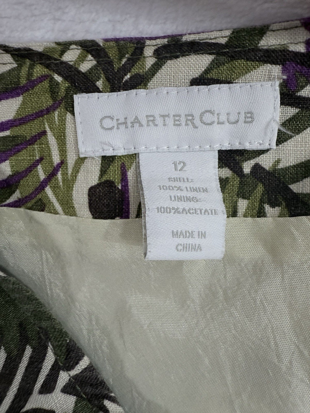 Charter Club 100% Linen Midi Skirt Purple Green Floral Print Side Zip Womens