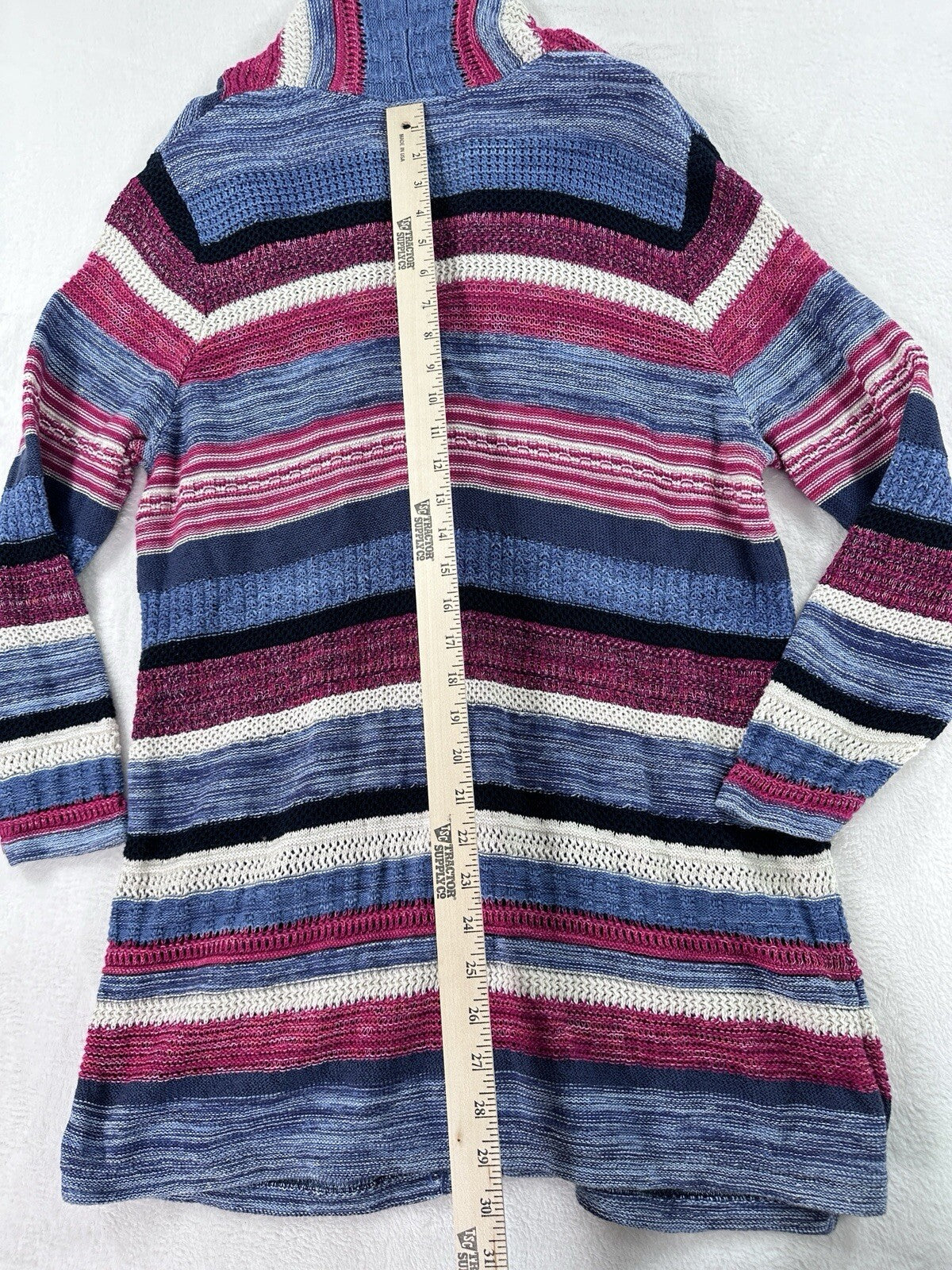 J Jill Large Petite Open Knit Cardigan Sweater Long Blue Linen Cotton Buttons