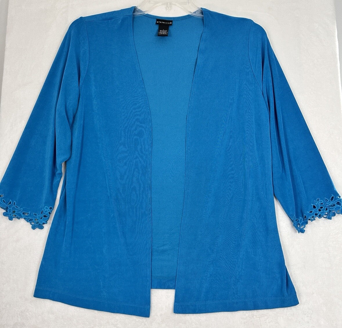 Citiknits Large Cardigan Blue 3/4 Sleeve Embroidered Cuff Womens Open Front
