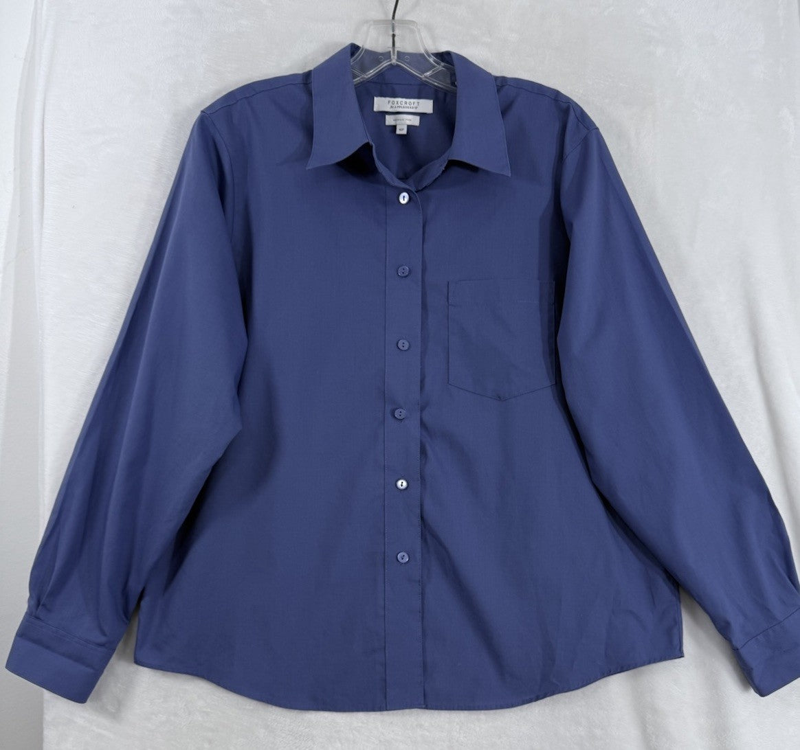 Foxcroft Button Down Shirt Womens 16 Petite Top Blue Long Sleeve Appleseeds