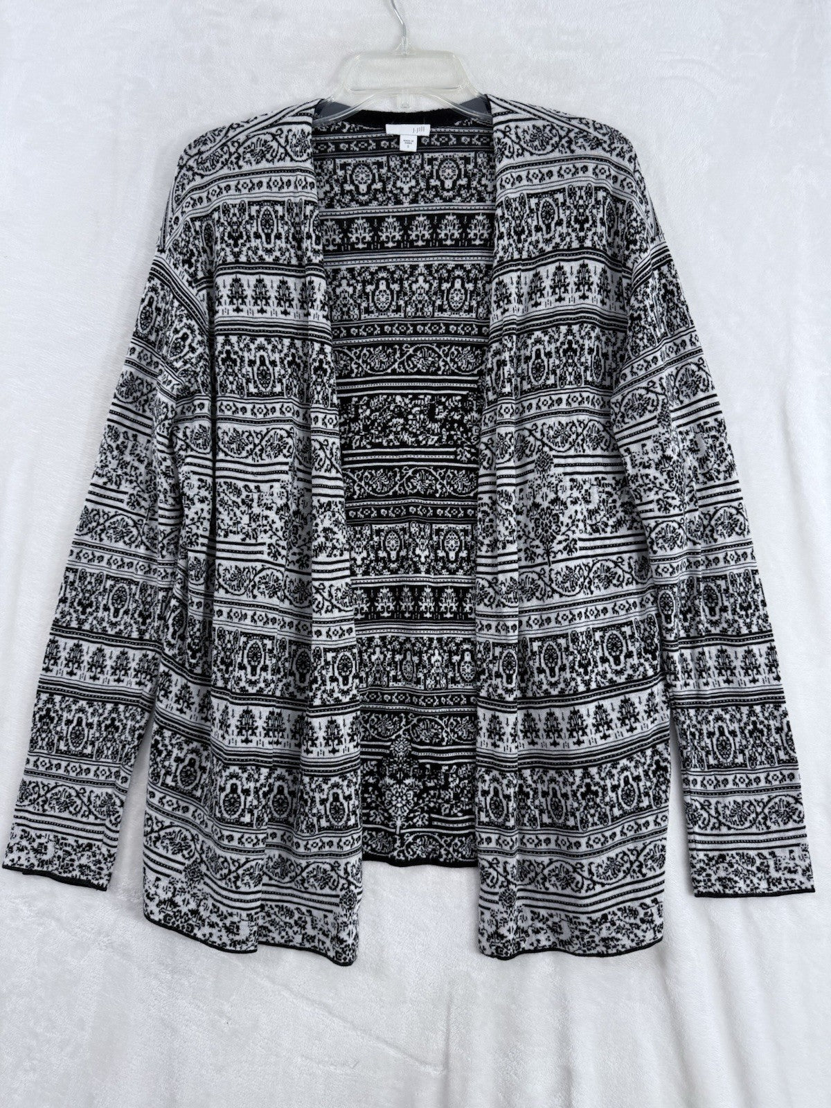 J Jill Small Cardigan Sweater Black White Damask Knit Long Sleeve Womens