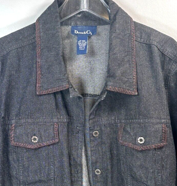 Denim & Co. Women's 1x Dark Jean Jacket Embroidered Trim Collar Plus Size EXC