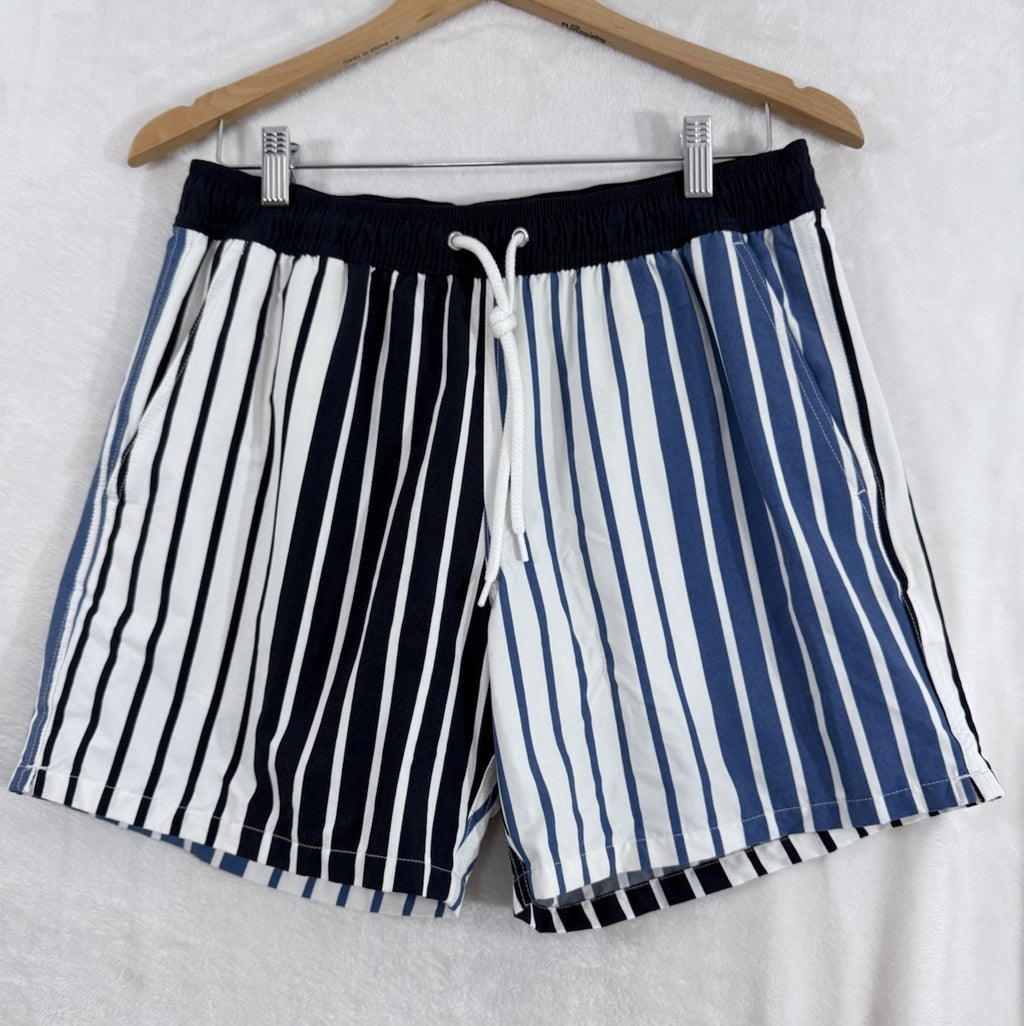 J Crew Swim Trunks Medium Men’s Shorts Blue Striped Stretch 6” Inseam