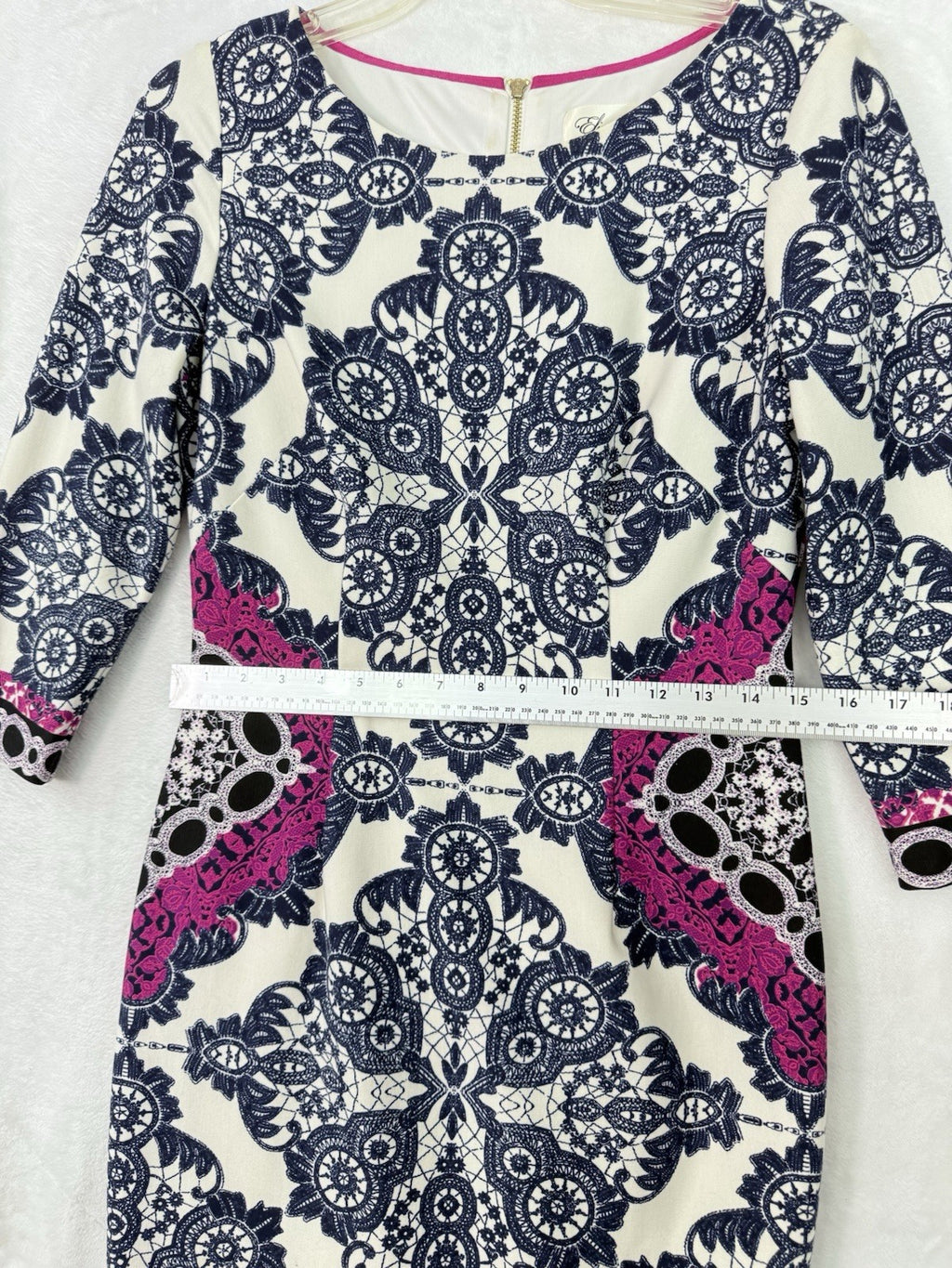 Eliza J Dress 6 Floral Sheath Blue Pink Stretch 3/4 Sleeve Pencil Stretch
