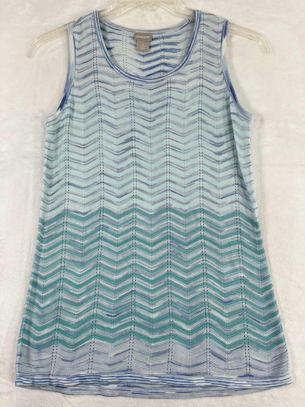 Chicos Size 0 Top Wavy Striped Sweater Tank Sleeveless Small Blue Rayon Womens