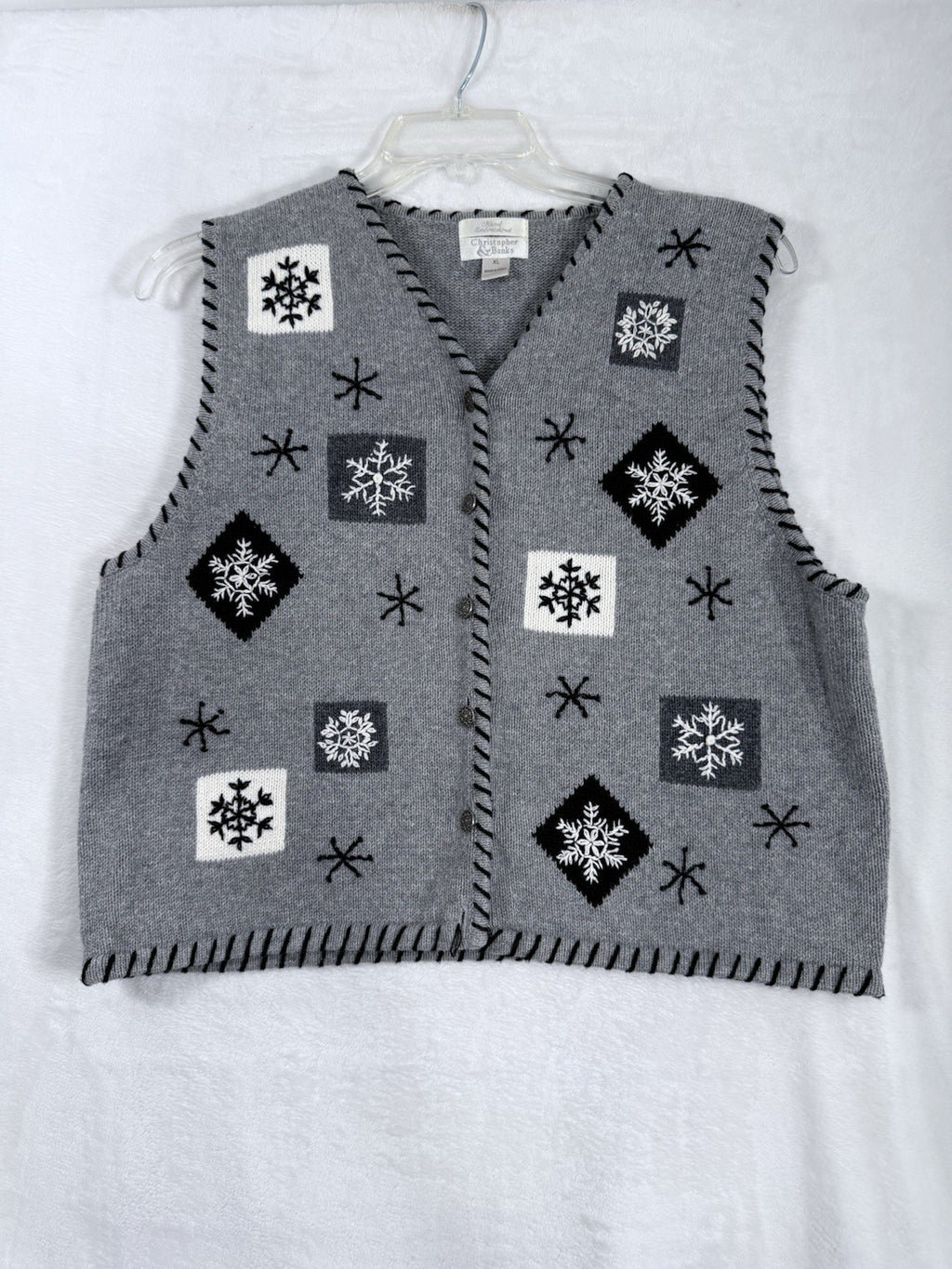 Christopher And Banks Christmas Sweater XL Cardigan Gray Snowflakes *FlawRead