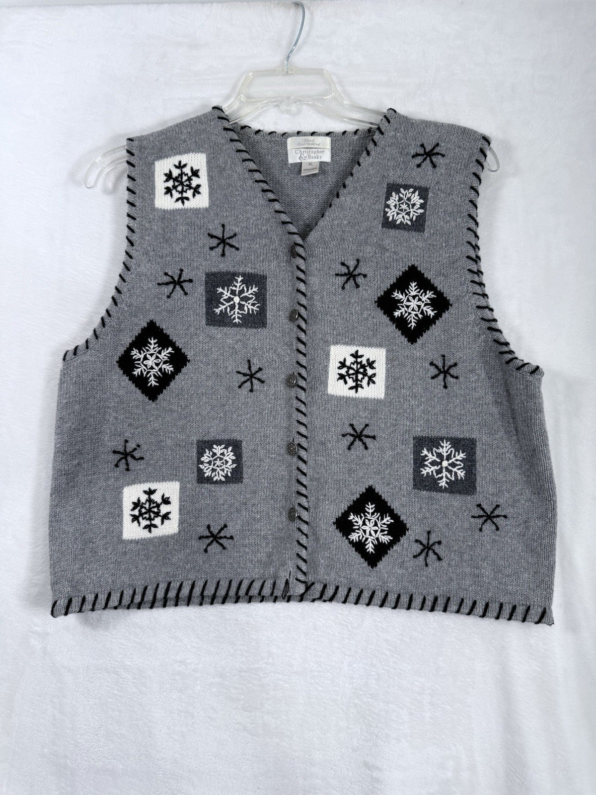 Christopher And Banks Christmas Sweater XL Cardigan Gray Snowflakes *FlawRead