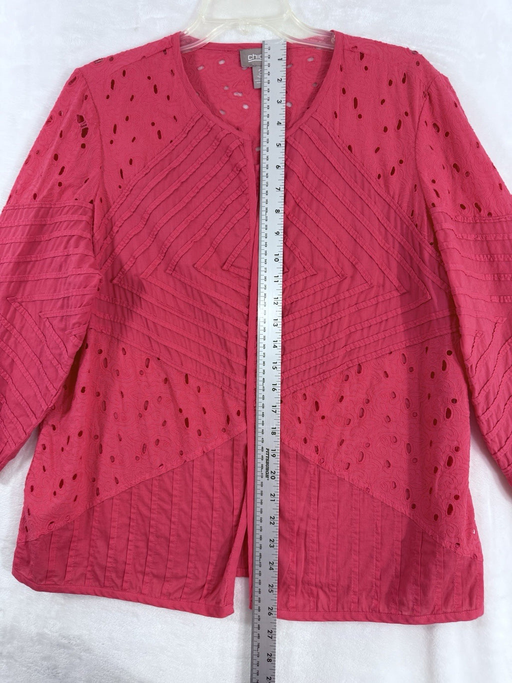 Chicos Size 3 Jacket Pink Eyelet 100% Cotton XL Womens 3/4 Sleeve Lightweight