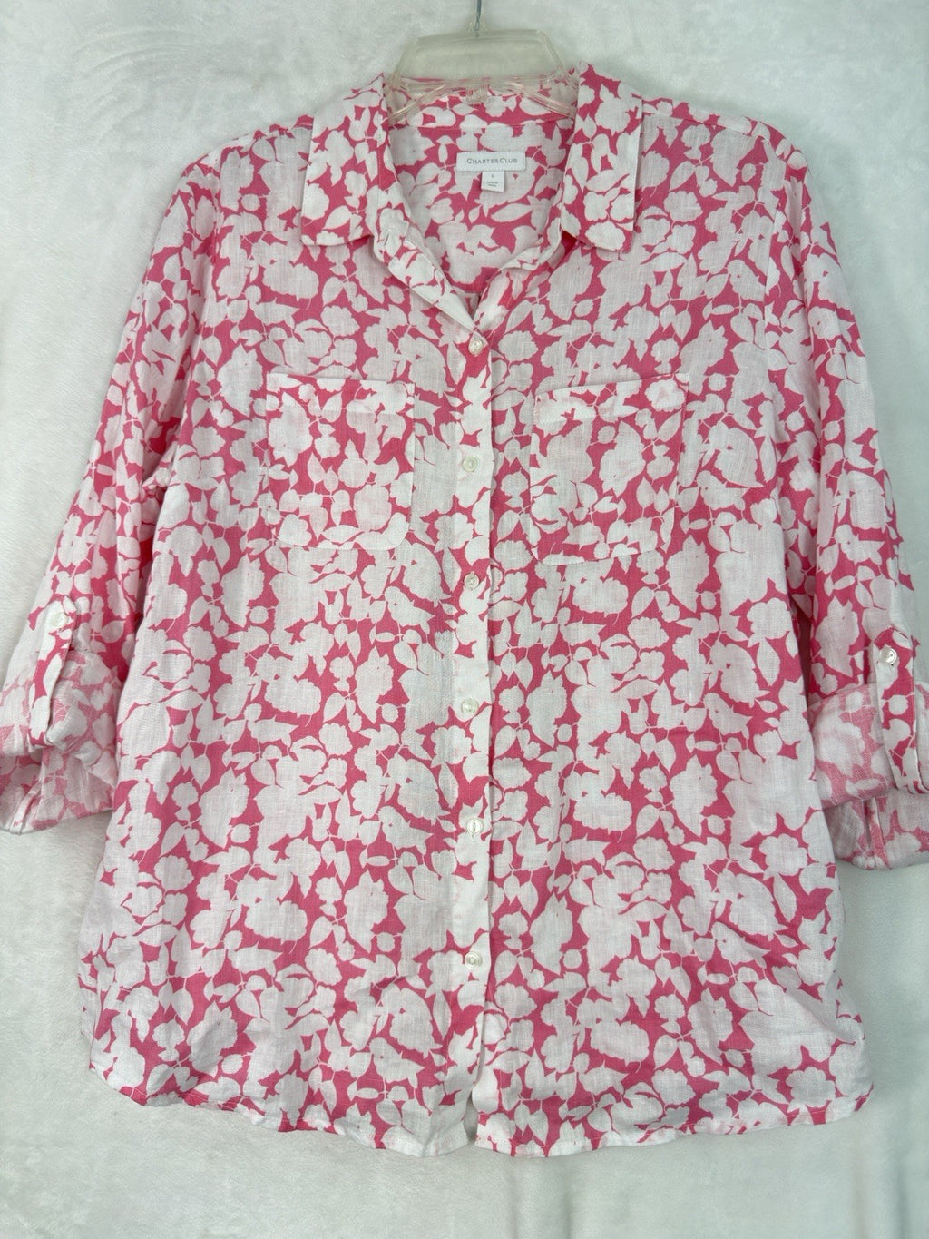 Charter Club Top Large 100% Linen Pink Floral Roll Tab Sleeve Womens Button Up