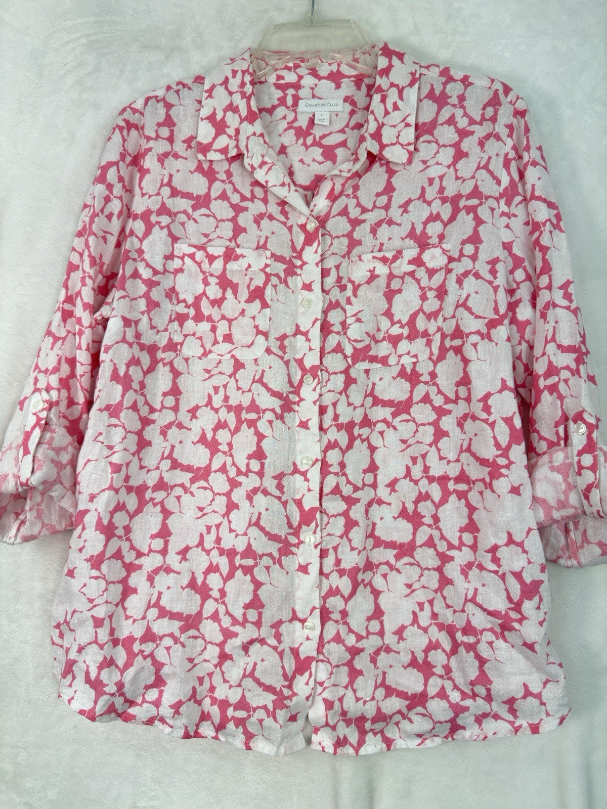 Charter Club Top Large 100% Linen Pink Floral Roll Tab Sleeve Womens Button Up