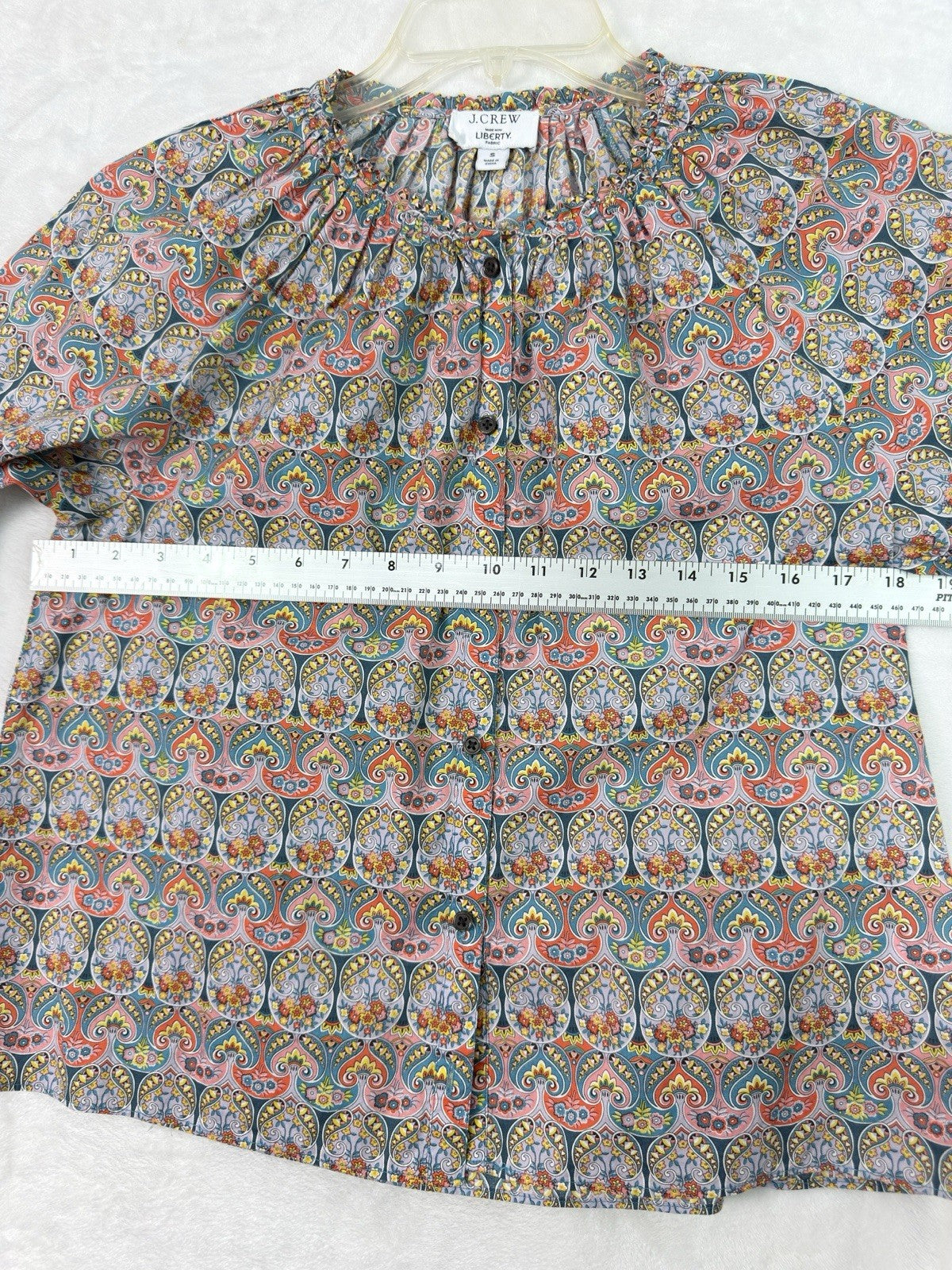 J Crew Liberty Of London Shirt Small Blouse Smocked Cotton Blue Pink Paisley