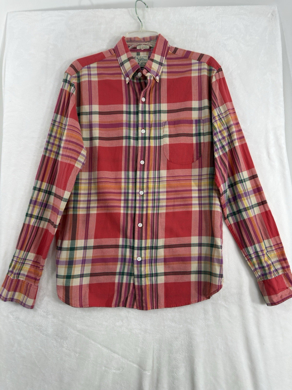 J Crew Indian Madras Shirt Medium Men’s Red Plaid Cotton Long Sleeve Button Up