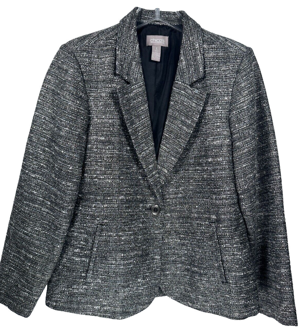 Chicos Blazer Size 1 Medium Gray Gold Silver Metallic Button Lined Tweed Jacket