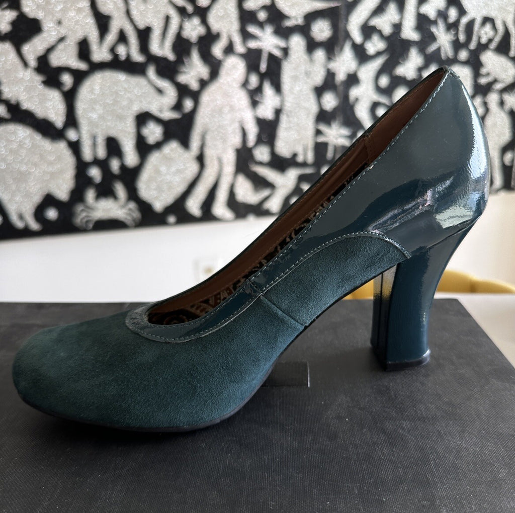 Hotter Shoes Womens US Size 9 Heels Green Suede Patent Leather Pumps UK 7