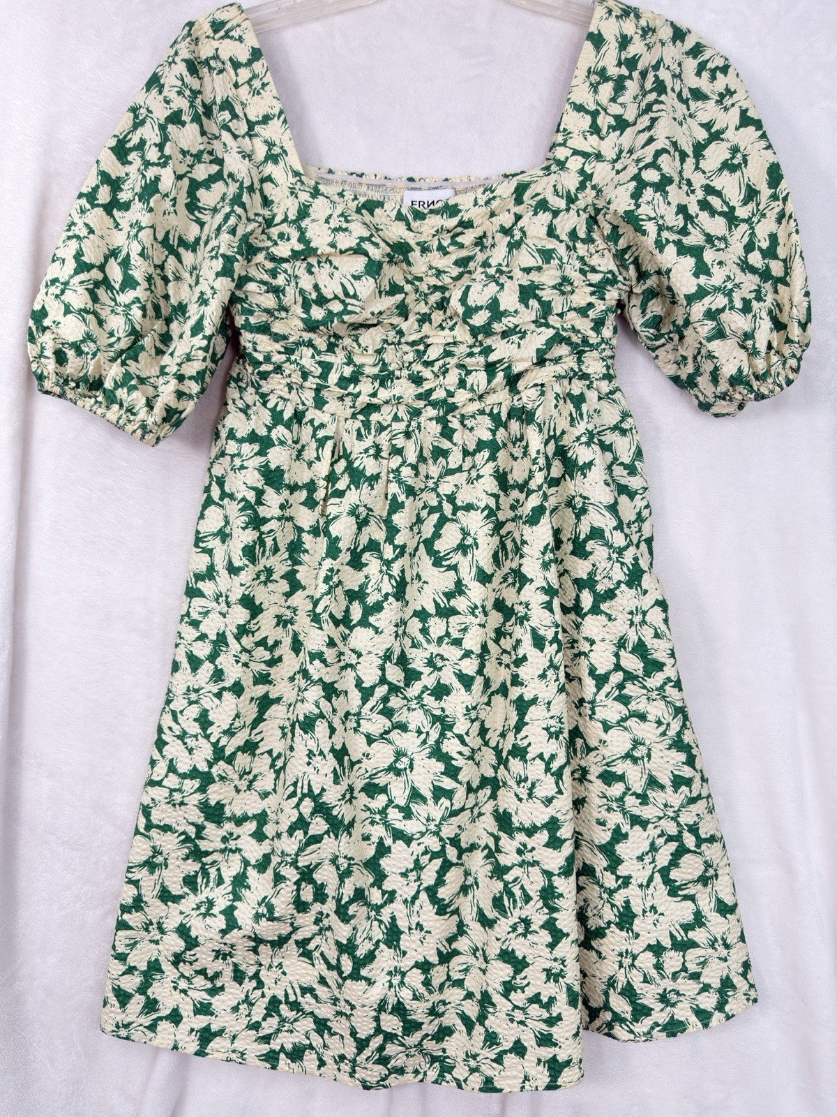 FRNCH Dress Small Met Green Floral Short Smocked Boho Cotton Womens