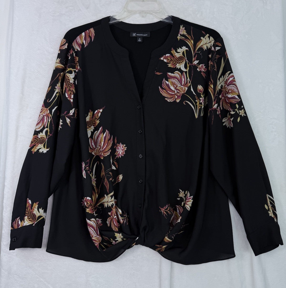 INC International Concepts 2X Tops Long Sleeve Blouse Women's Floral Black Twist
