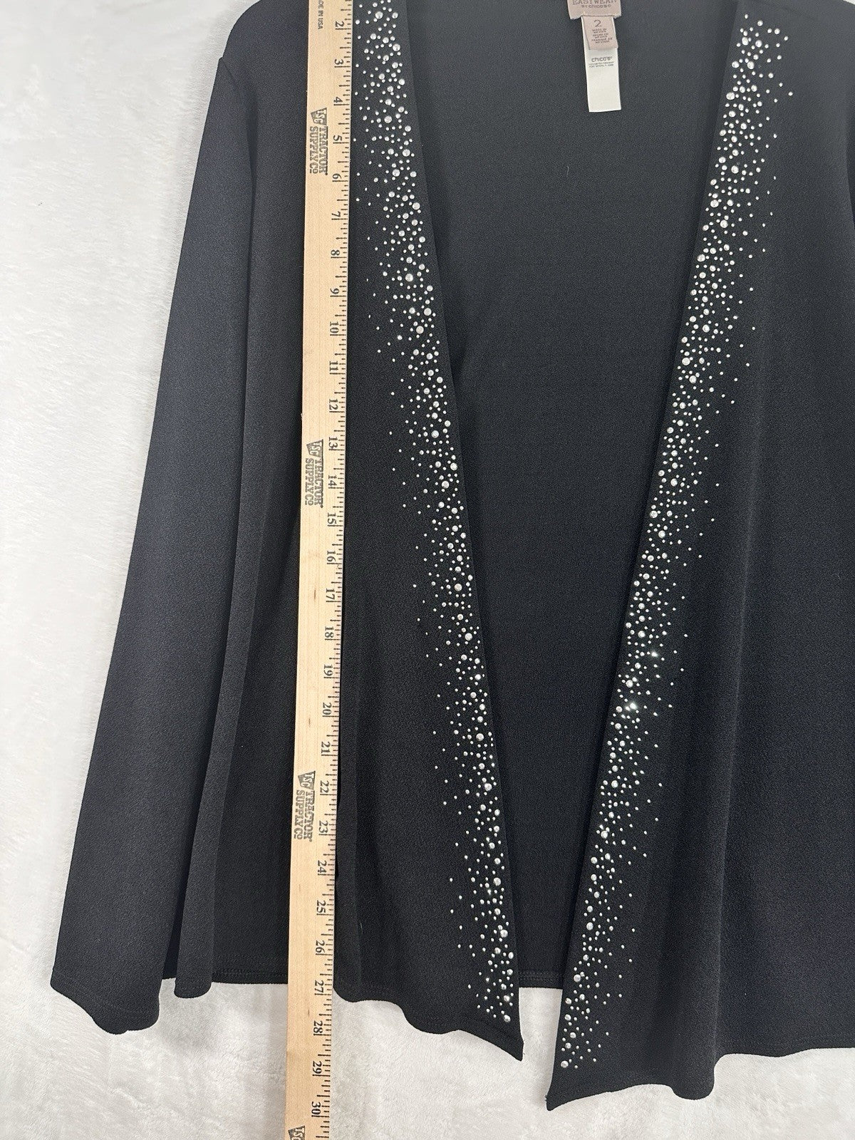 Chicos Size 2 EasyWear Cardigan Black Large Open Front Rhinestone Embellished