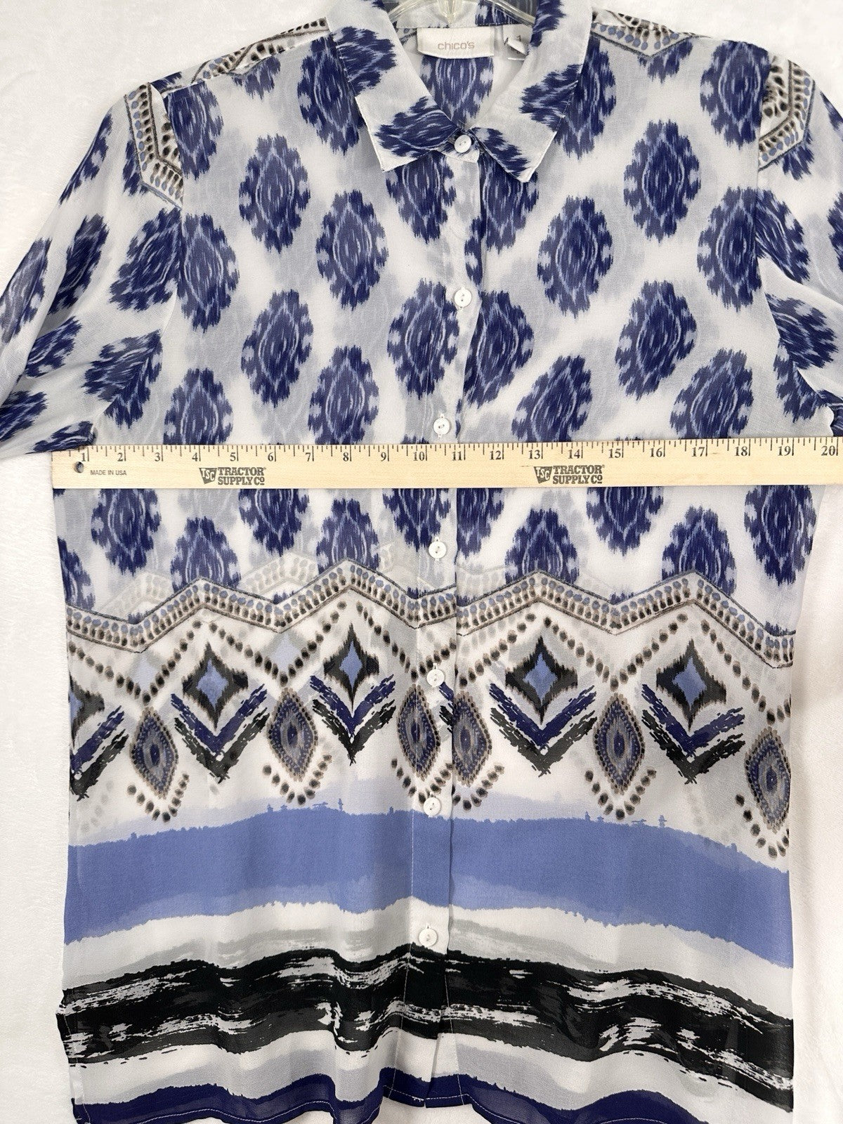 Chicos Size 1 Tops 3/4 Sleeve Tunic Blouse Medium Womens Lightweight Blue White