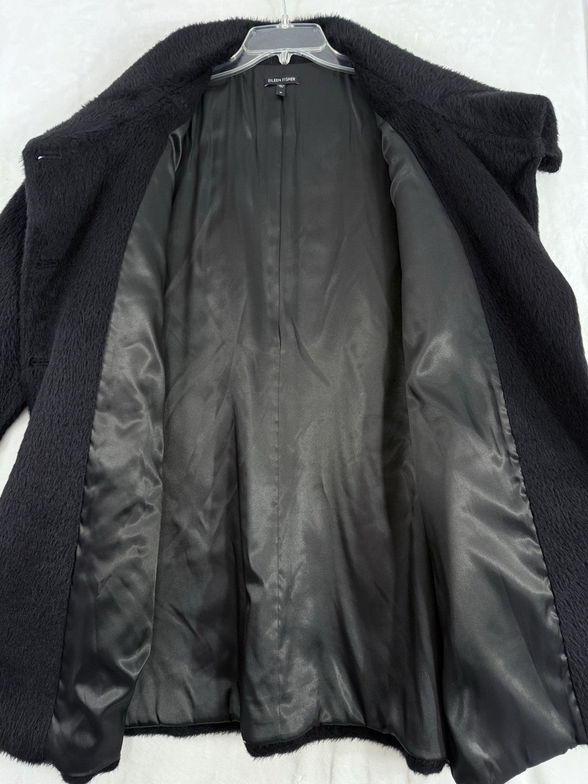 Eileen Fisher Medium Black Suri Alpaca High Collar Longline Long Coat Jacket