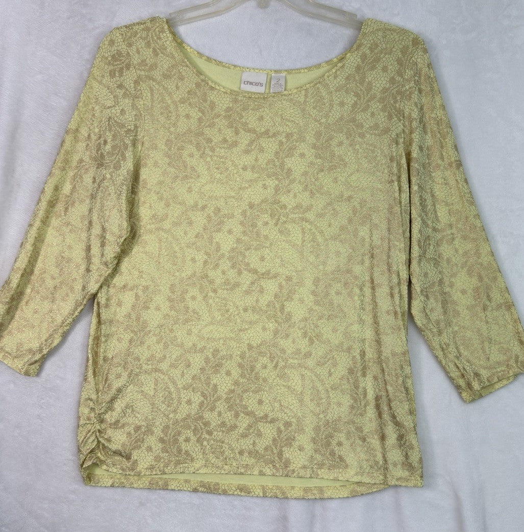 Chicos Size 2 Tops Tee 3/4 Sleeve Knit Yellow Lace Print Womens Large