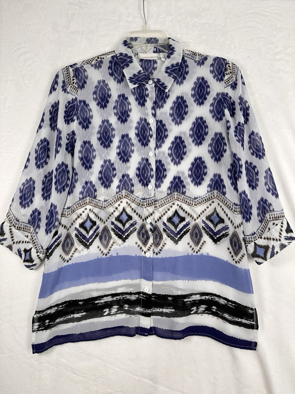 Chicos Size 1 Tops 3/4 Sleeve Tunic Blouse Medium Womens Lightweight Blue White
