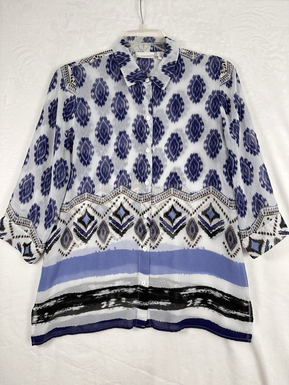 Chicos Size 1 Tops 3/4 Sleeve Tunic Blouse Medium Womens Lightweight Blue White